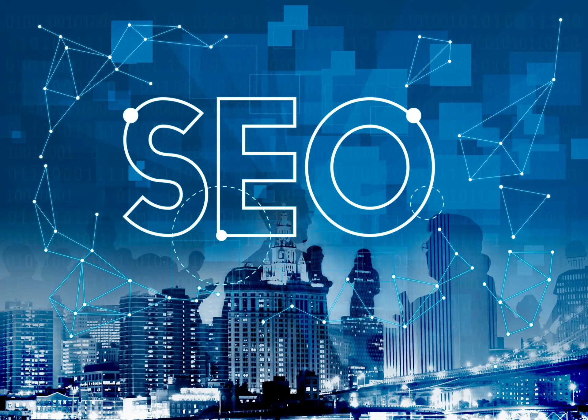 The word "SEO" in large, bold letters overlays a cityscape with silhouettes of people, surrounded by digital network graphics and data patterns, symbolizing digital marketing and online optimization.